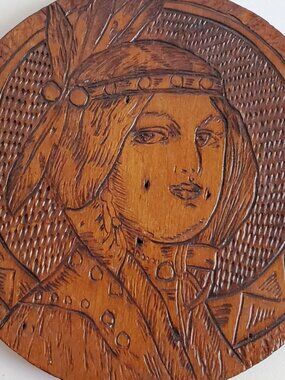 Flemish Art Co. Pyrography Maiden Vintage Wooden Plaque